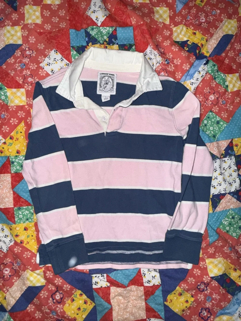 Lands' End Pink and Navy Striped Rugby Polo